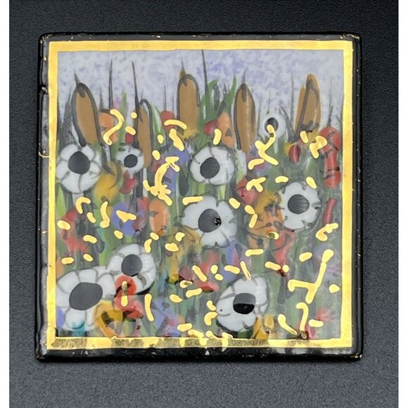 Cattails Wild Flower 1980s Laura Mostaghel Handpainted Brooch Signed 22k G Paint - Picture 3 of 6